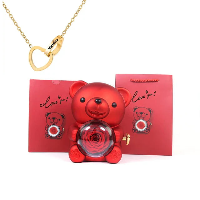 Engraved heart necklace comes in a real rose bear gift box